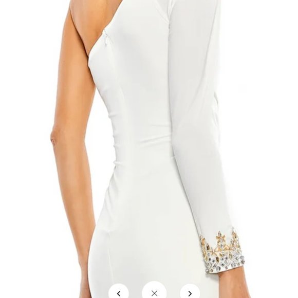 MAC DUGGAL 55696 ONE LONG SLEEVE BEADED CUFF SIDE TWIST WHITE JERSEY GOWN sz 4 - Picture 5 of 7